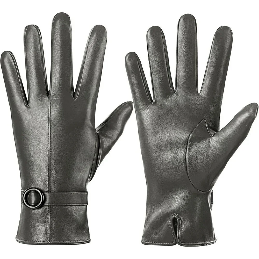 Women's Green Lambskin Leather Gloves Warm Touchscreen Winter Driving Gift